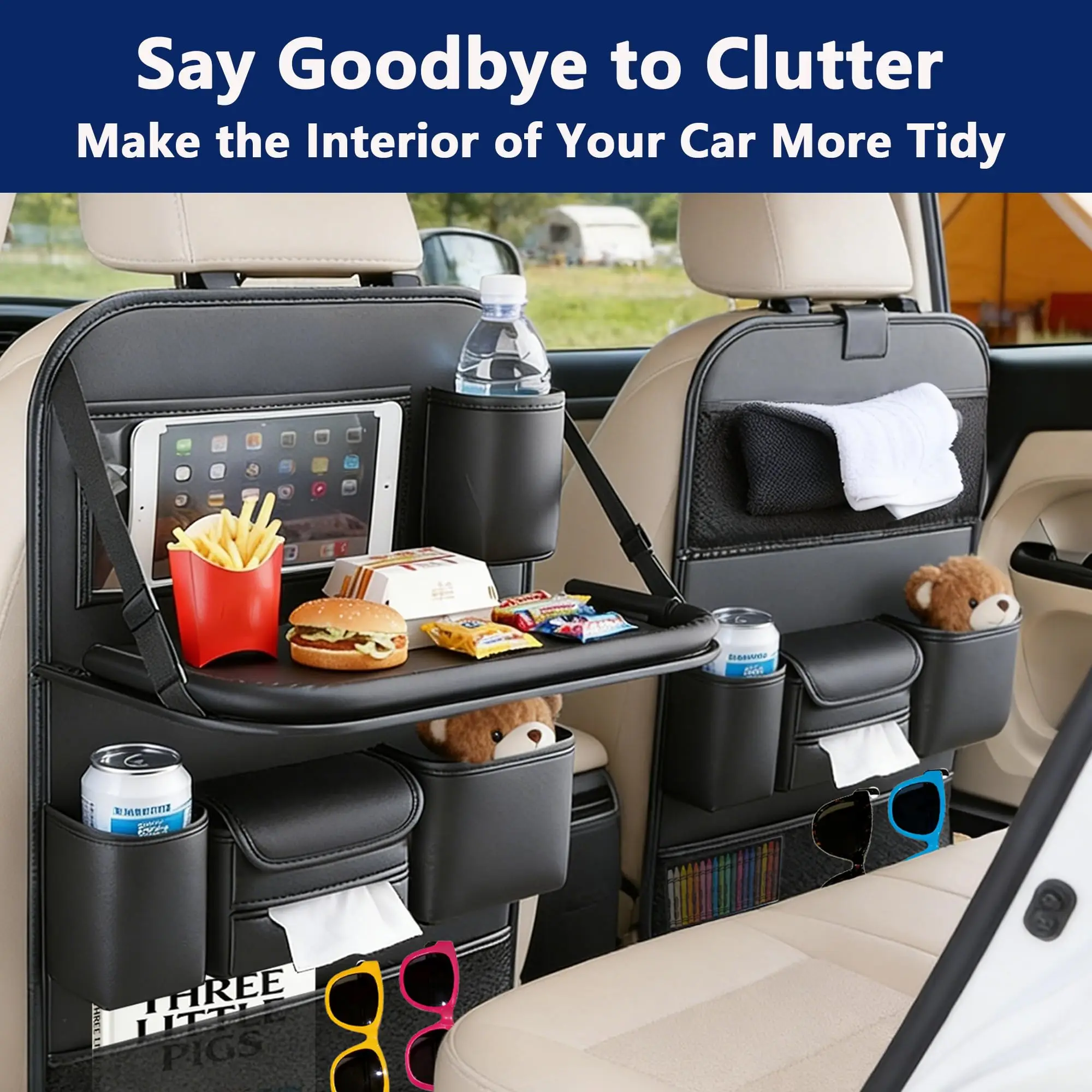 Multifunctional Car Backseat Organizer with Foldable Tray Table PU Leather Back Seat Storage Bag with iPad Holder Cup Holders
