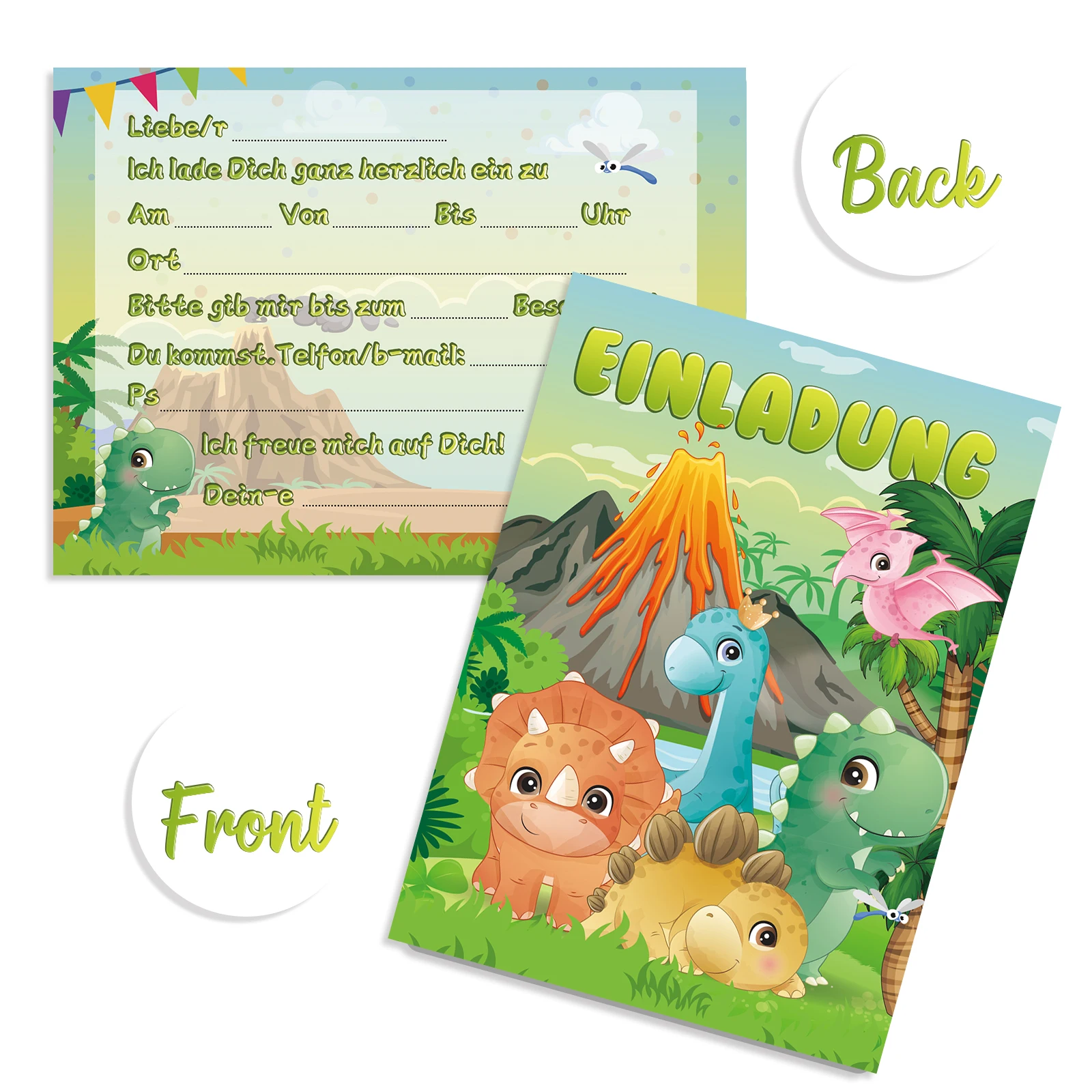 Dinosaurier-Einladungskarten, 12 deutsche Einladungskarten, Einladungen, Geburtstag, Dinosaurier-Partyzubehör, Partyzubehör
