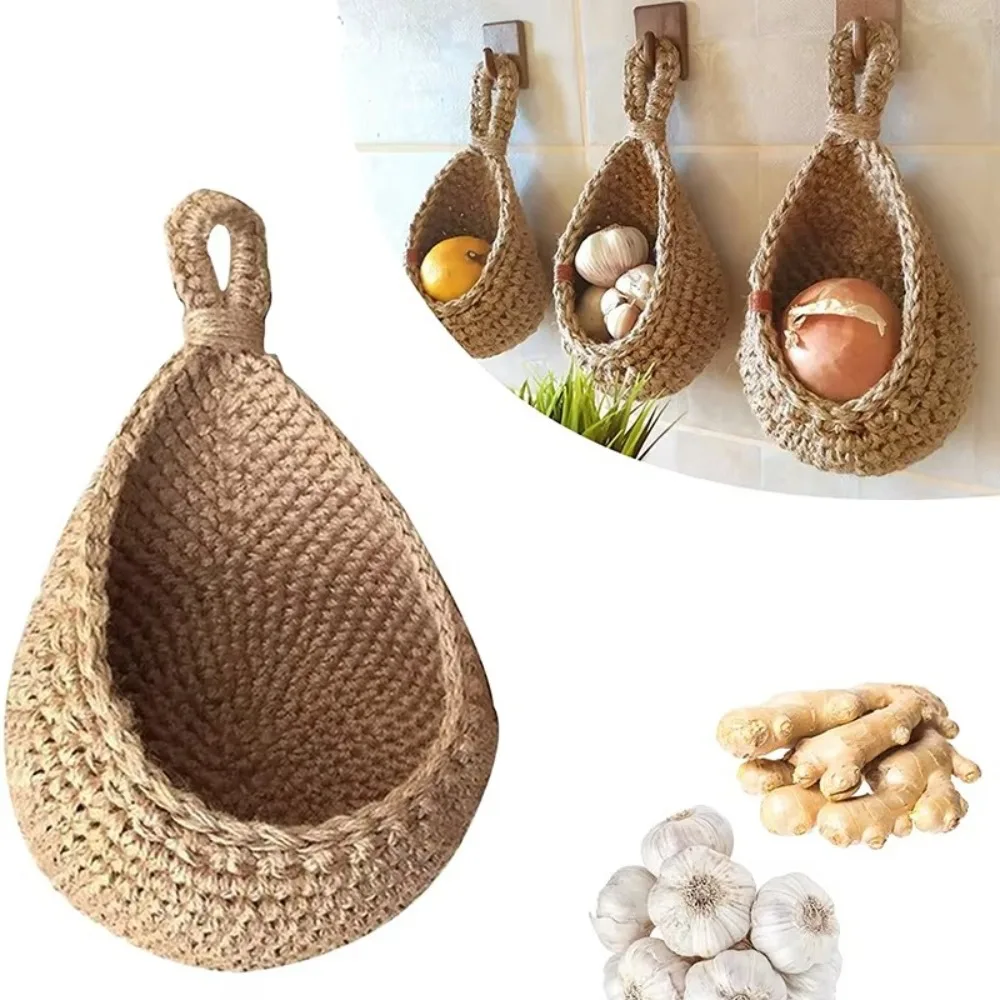 New Wall-mounted Fruit Vegetable Basket Simulated Rattan Woven Storage Basket Water Droplet String Bag Kitchen Storage