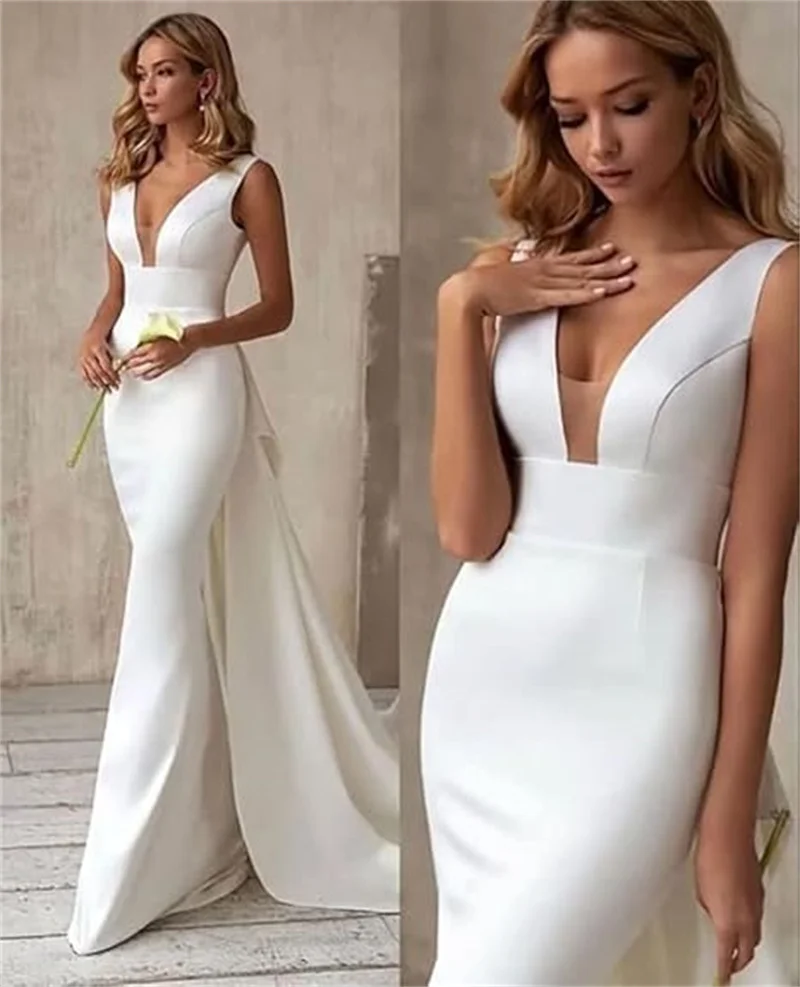 2024 New Mermaid Satin Wedding Dress Train Bridal V Neck Backless Evening Dress with Big Bow Sexy V-neck vestidos de novia