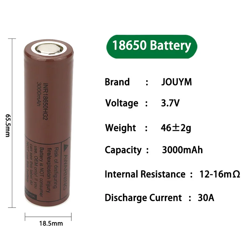 JOUYM HG2 18650 High-current Power 30A Discharge Battery 3000mAh 10-15mΩ 3.7V Rechargeable Cell Li-ion Batteries