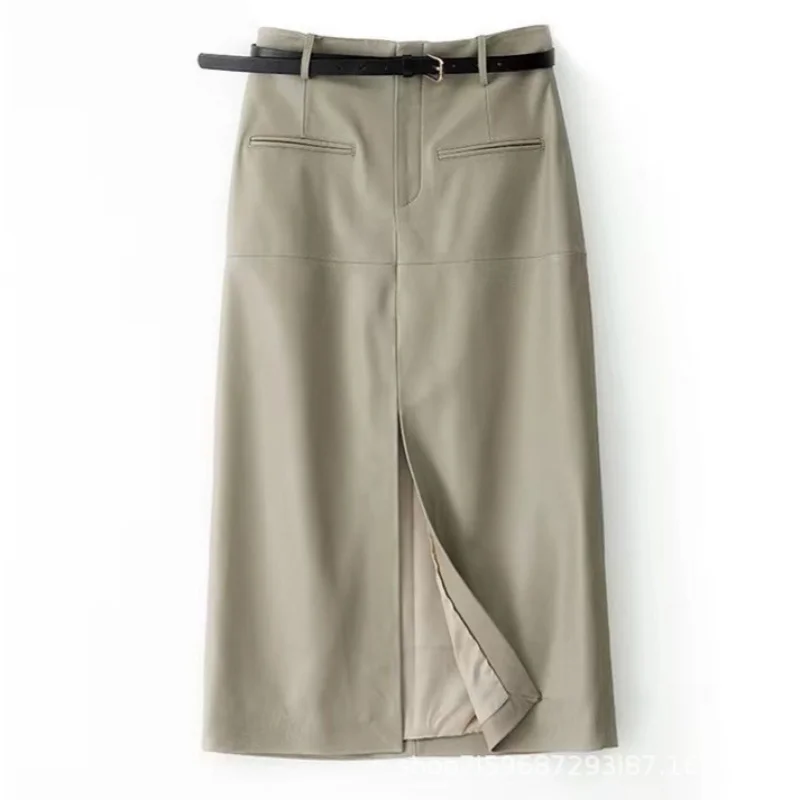 تنورة نسائية من الجلد الطبيعي طويلة ميدي بفتحة مستقيمة تنورة راقية أنيقة للتخسيس للربيع والخريف تنورة من جلد الغنم #1