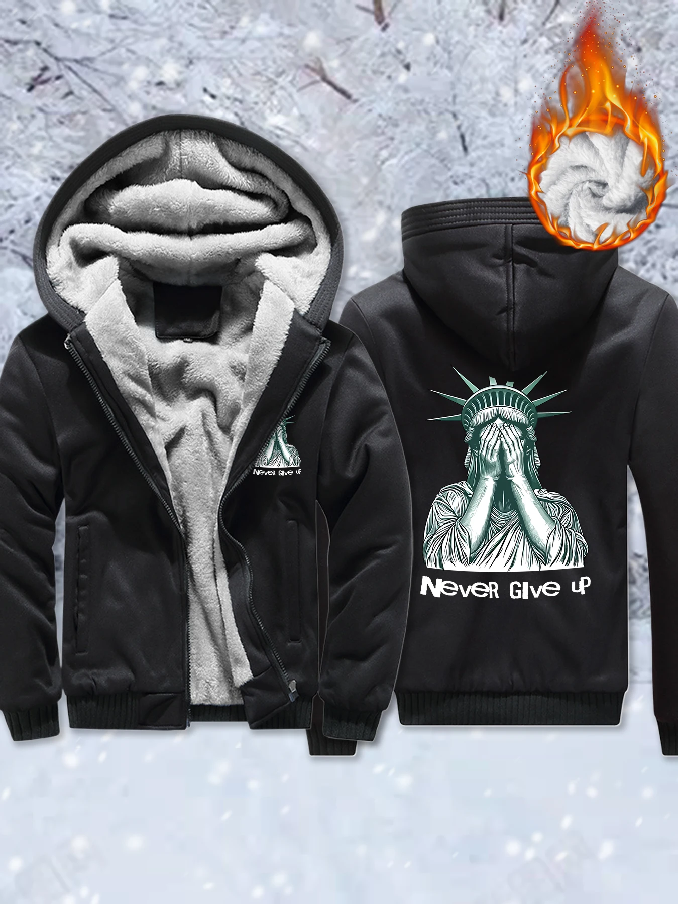 

Never Give Up Goddess Statue Prints Man Thicken Coats Hip Hop Fleece Streetwear Winter Casual Zipper Hoodies Oversize Men Jacket