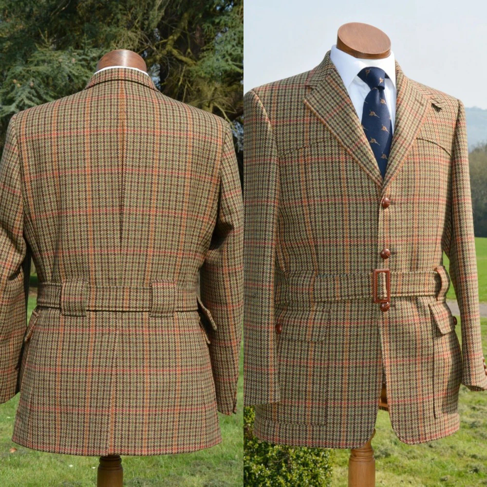 Classic Brown Check Tweed Hacking Jacket with Leather Belt and Flap Pockets Men Autumn Vintage Coat Customized M266849