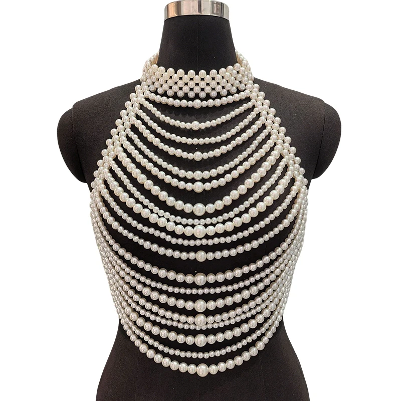 Handmade White Pearl Multilayer Bridal Halter Neck Vest Body Chain Pearl Bralette Chest Harness Beaded Bra