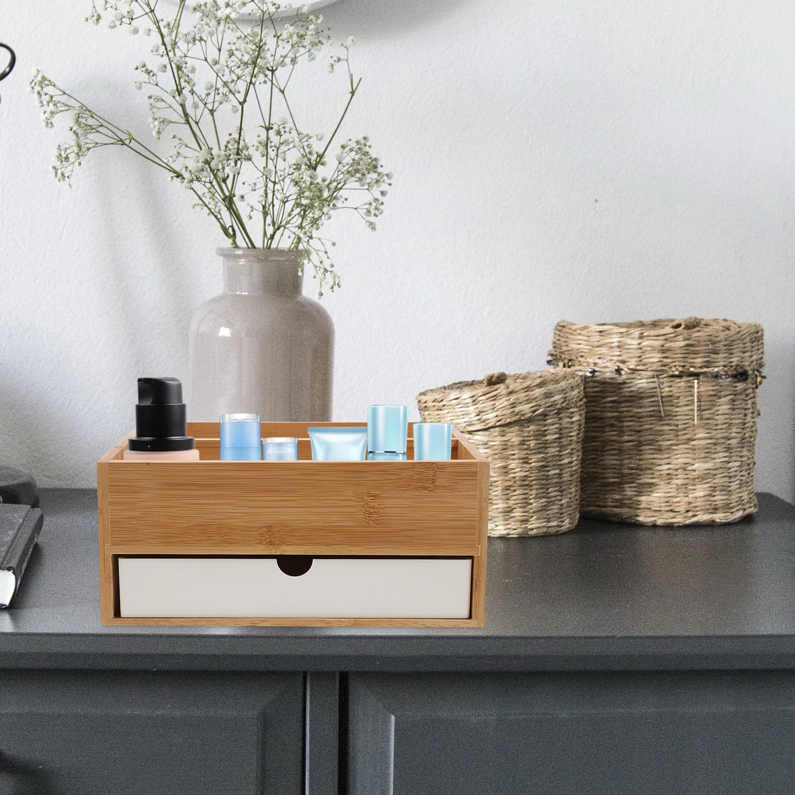 

Multifunctional Bamboo Desktop Organizer with Drawers Small Storage Box for Office Home School Cosmetics Stationery for Binders