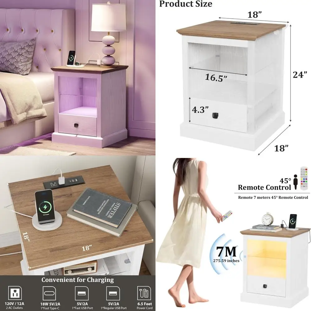 

LED Nightstand with Charging Station, Bedroom End Table, Drawer Storage, Adjustable Shelf, USB Ports, Outlets, Modern Design, Ni