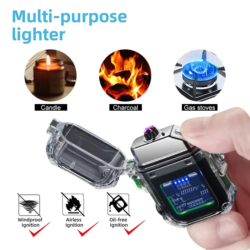 Electric Waterproof Digital Display Lighter, Transparent Plasma, Windproof, Flashlight, Double Arc Lighter, Outdoor Camping