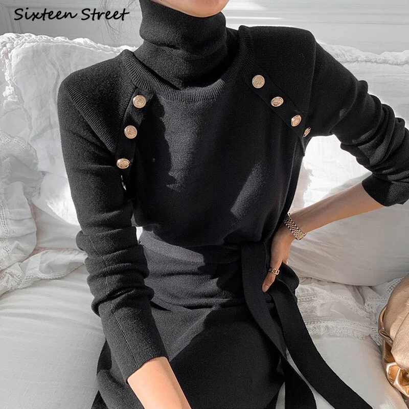 Khaki Woolen Dress Bodycon Women Winter Turtleneck Golden Button Elegant Sweater Dress Women Korean Business Knit Clothing