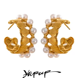 Yhpup Shell Casting Imitation Pearls Geometric Hoop Earrings Golden 18K Plated Stainless Steel Fashion Holiday Jewelry Gift