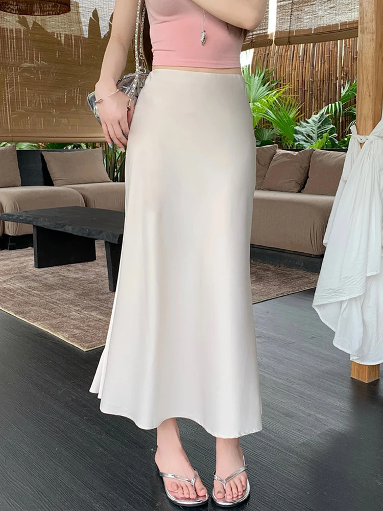 White Satin Drapey High Waist Women's Midi Skirt Slimming A-Line Fi Tail Skirt Commute Korean Sle Polyester Fiber