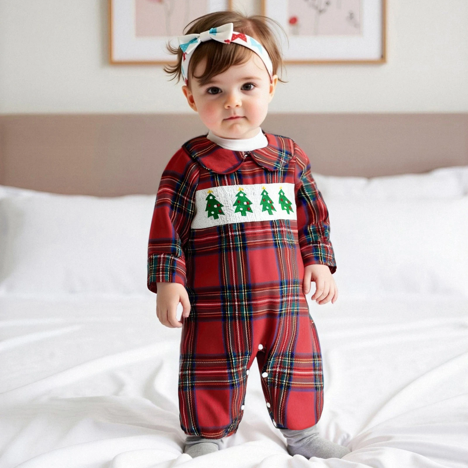 

Infant Baby Girls Boys Plaid Christmas Romper Tree Embroidered Doll Collar Jumpsuit Newborn Winter Fall Clothes