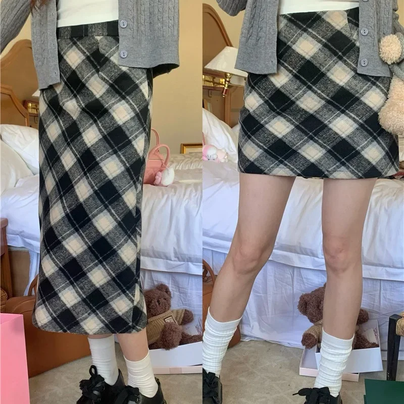 Vintage Hoge Taille Geruite Mini Rok Wollen A-Lijn Rits Midden Lange Rokken Ropa De Mujer Harajuku Y 2K Vrouwen Kleding Faldas