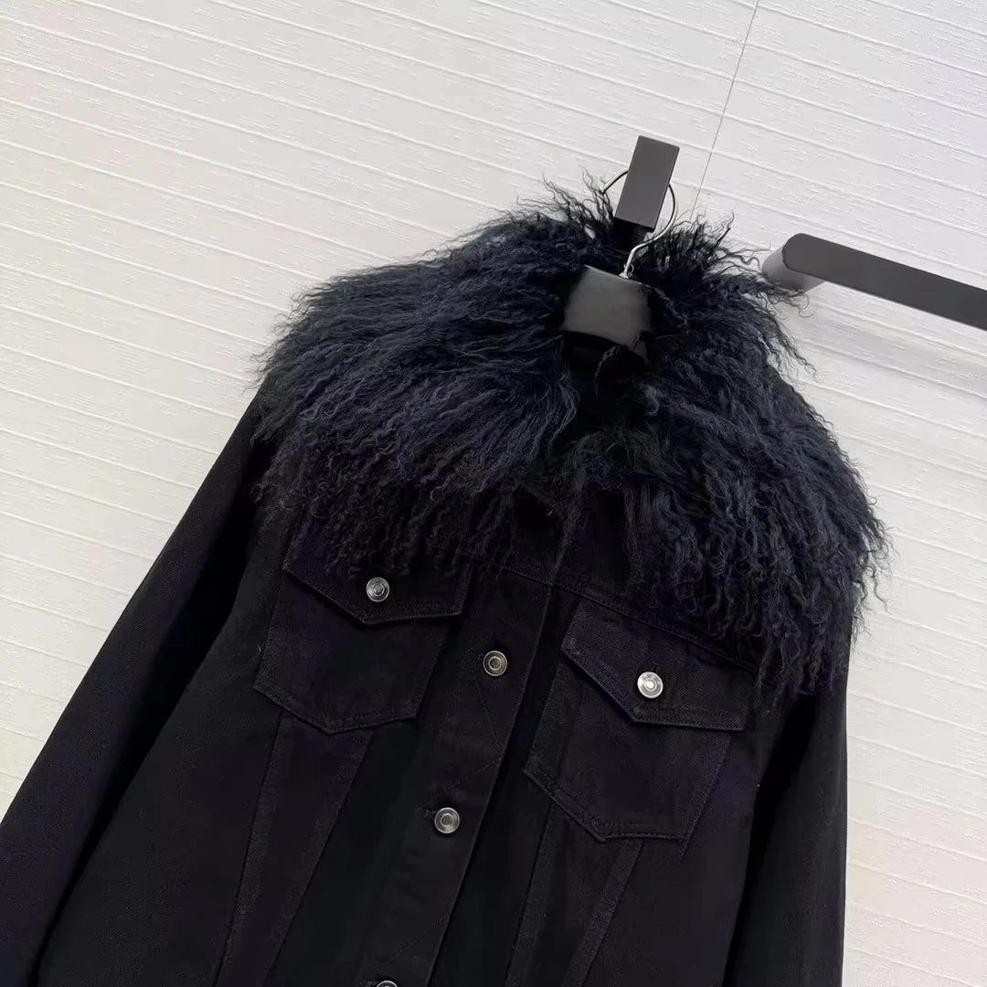 2026 New Autumn Chic Cool Detachable Wool Fur Collar Black Slim Waist Denim Jacket Women Lapel Long Sleeve Single Breasted Coat