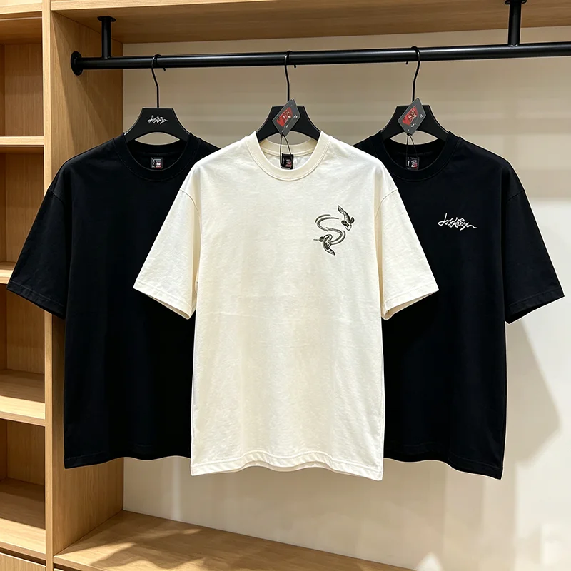 Hot New DERSCHUTZE Men's T-shirt Retro Angel Embroidered Casual Fashion Round Neck Top Fast Delivery