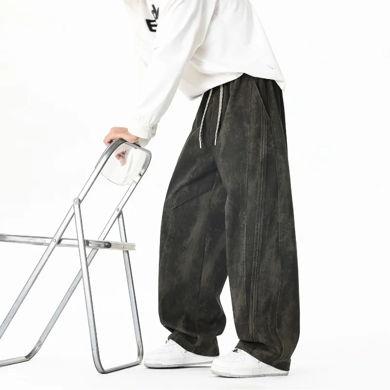 Y2K American Vintage Tie Dye Heavyweight Cotton Casual Pants Men 2026 Autumn New Plus Size Baggy Wide Leg Drawstring Long Pants