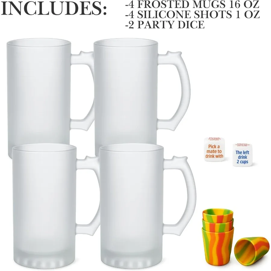 8Piece Beer Mugs Set for Freezer Storage with 4 HeavyWeight Beer Stein and 4 Plastic Shot Glasses Ideal for Men's Party Gift 16