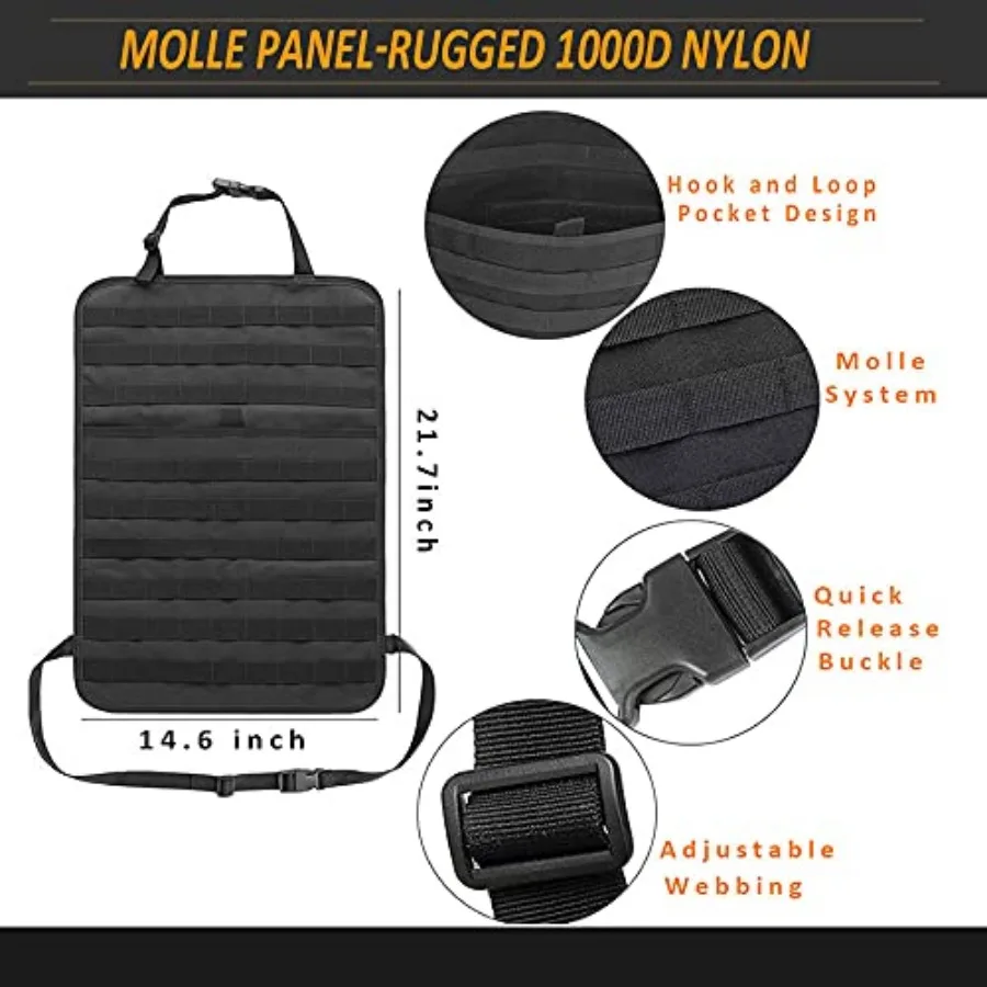 Molle Tactical Seat Back Organizer Panel with Pouches, Universal Fit For Vehicle Car, Khaki