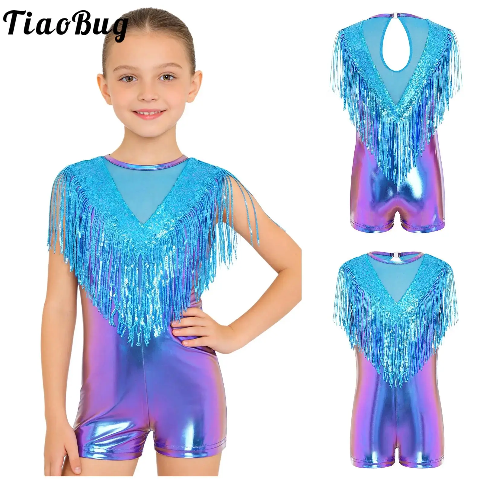 

Kids Girls Tassels Sequin Jazz Ballet Gymnastic Samba Jumpsuit Sleeveless Mesh Patchwork Metallic Bodysuit Performance Dancewear