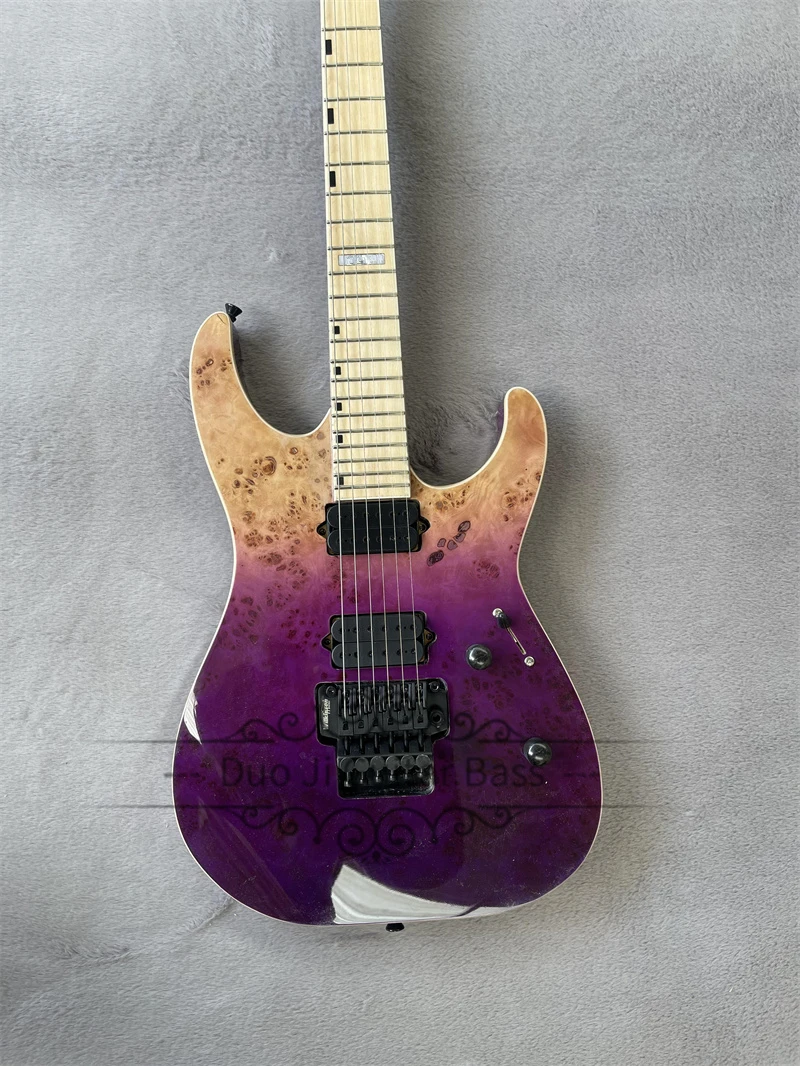 Purple Electric Guitar Mahogany Neck Set In Body Burl Maple Top HH Pickups Tremolo Bridge  24 Frets Black Tuners