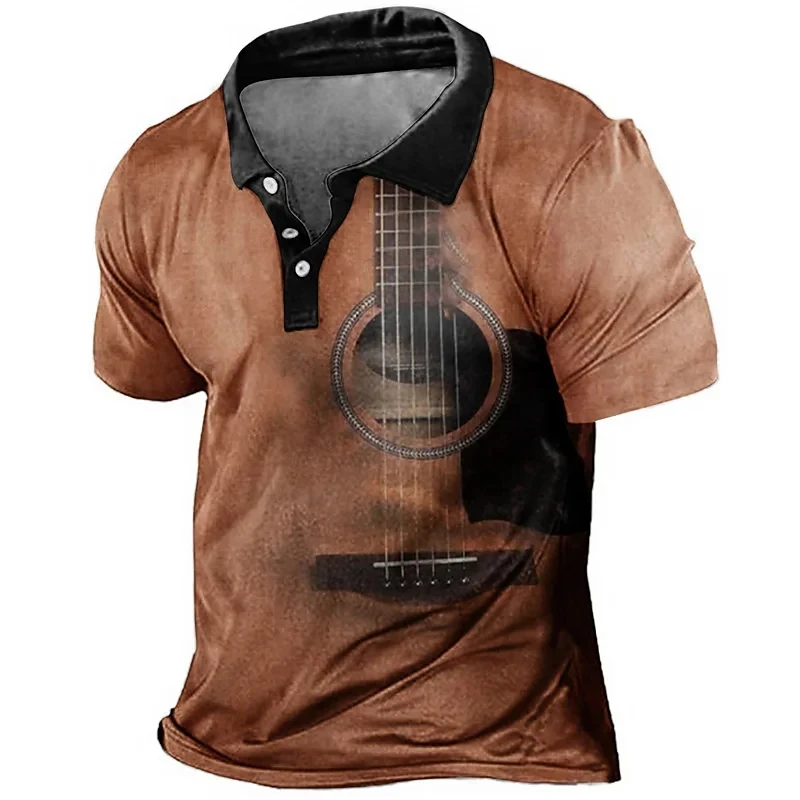 Vintage Guitar Print Summer Men\'s Button Down Collar Polo Shirts Casual Short-sleeved Oversized Tops Fashion Sportwear T-shirt