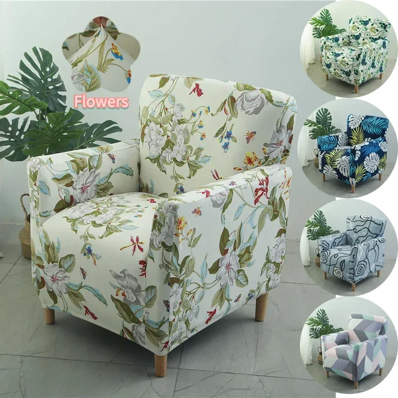 Flowers Printed Tub Chair Cover Stretch Spandex Club Armchair Slipcovers Non Slip Single Sofa Covers for Home Bar Counter Hotel