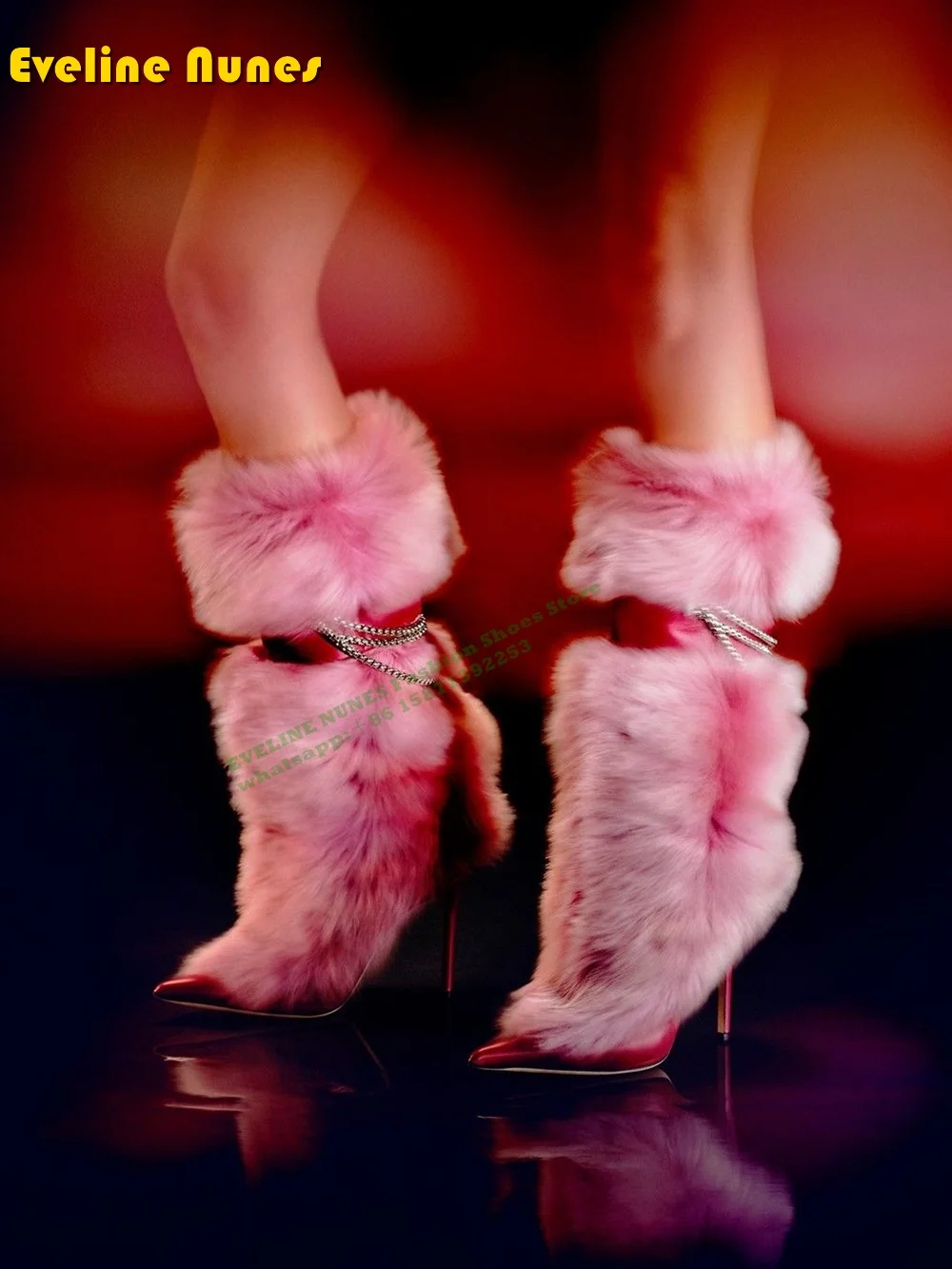 Plush High Heels Fur Long Booties 2024 Winter New Style Booties Metal Chain Fluffy Knee High Boots Furry Snow Shoes Warm Soft