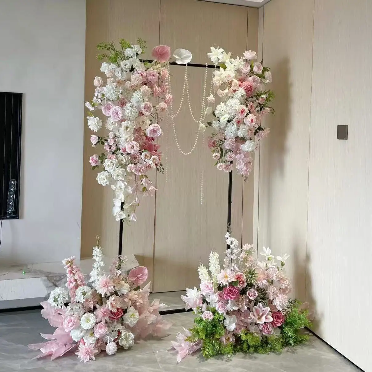 Pink artificial flower welcome engagement banquet background proposal flower row arrangement wedding stage decoration flower arr