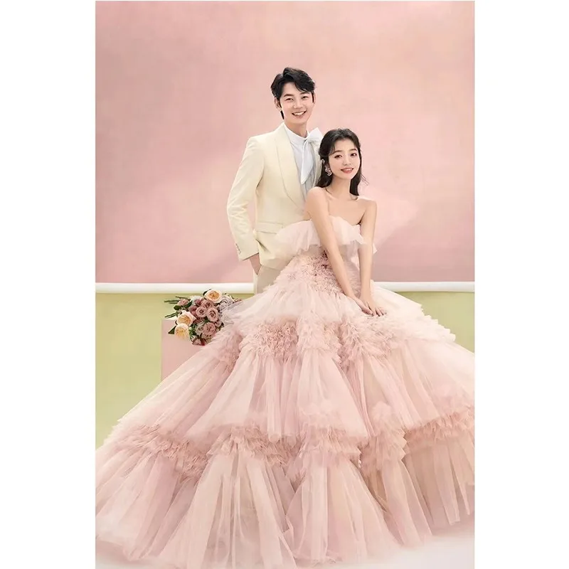 

Pink Wedding Dress Pleated Princess Fluffy Skirt Tube Top Sleeveless Party Dress Formal Dress Women Elegant Evening Dresses