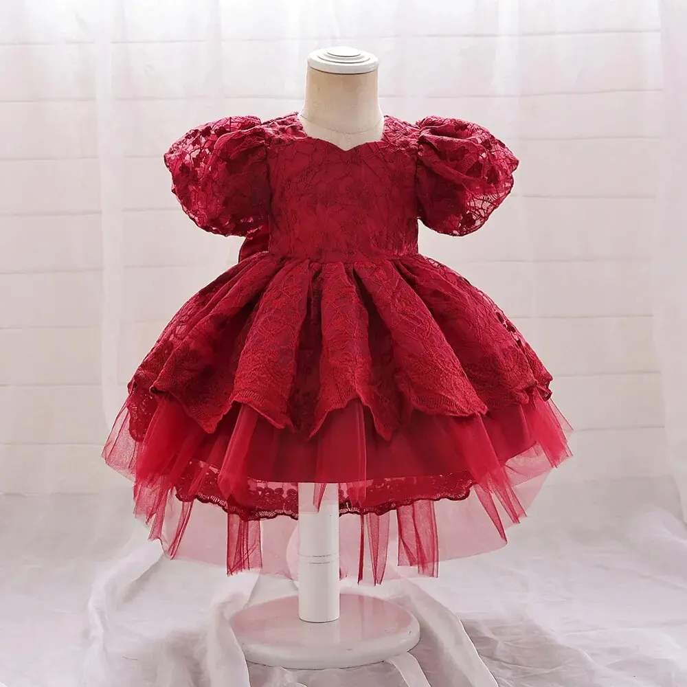 Baby Kids Party Mesh Princess Dresses Girl Formal Competition Performance Clothes Bubble Sleeve Lace With Bow For Cute Girls