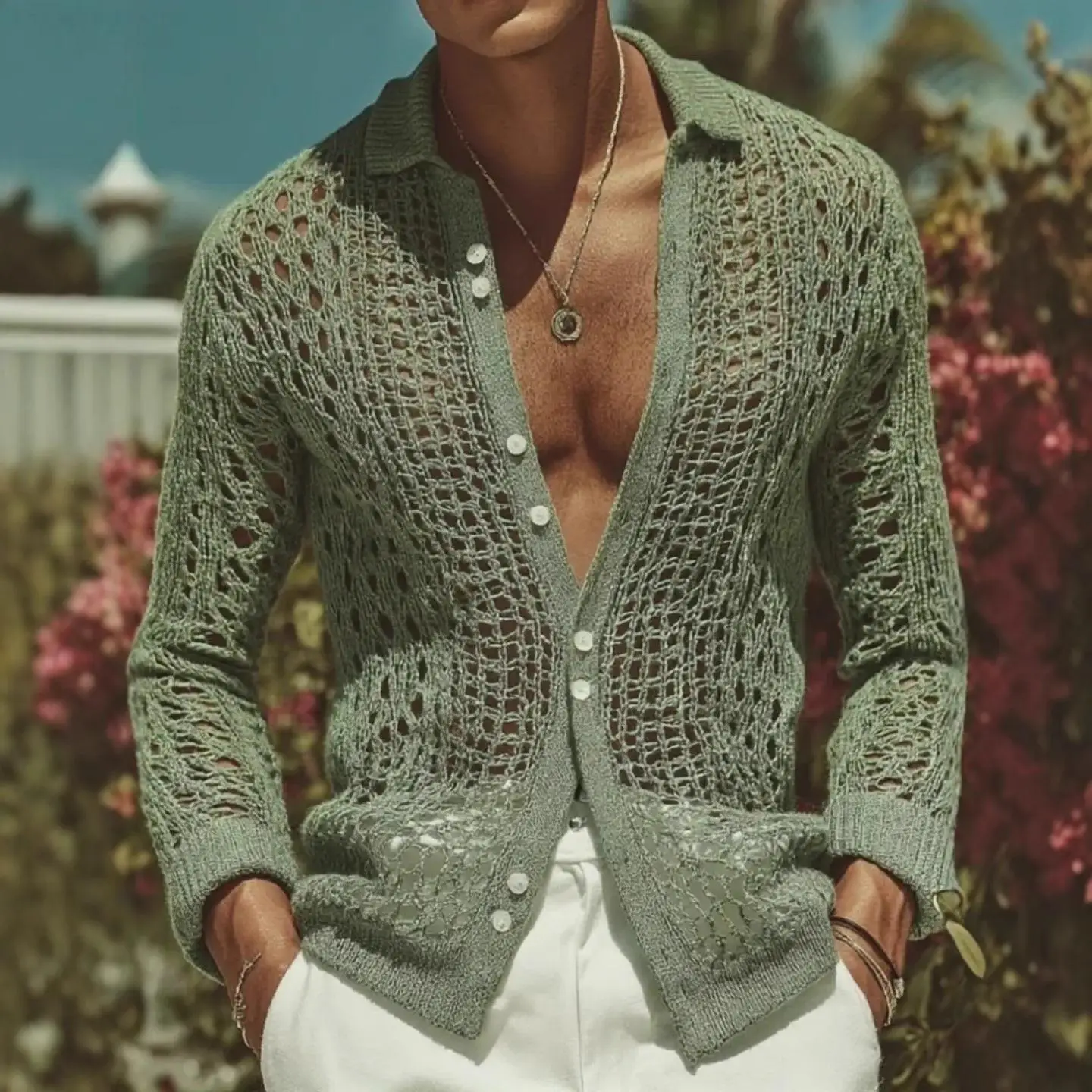 

Men's Simple Hollow out Knitted Cardigan Sweater Set Anti-Balloning Autumn Briti Sle Casual Inner Wear Winter Collection