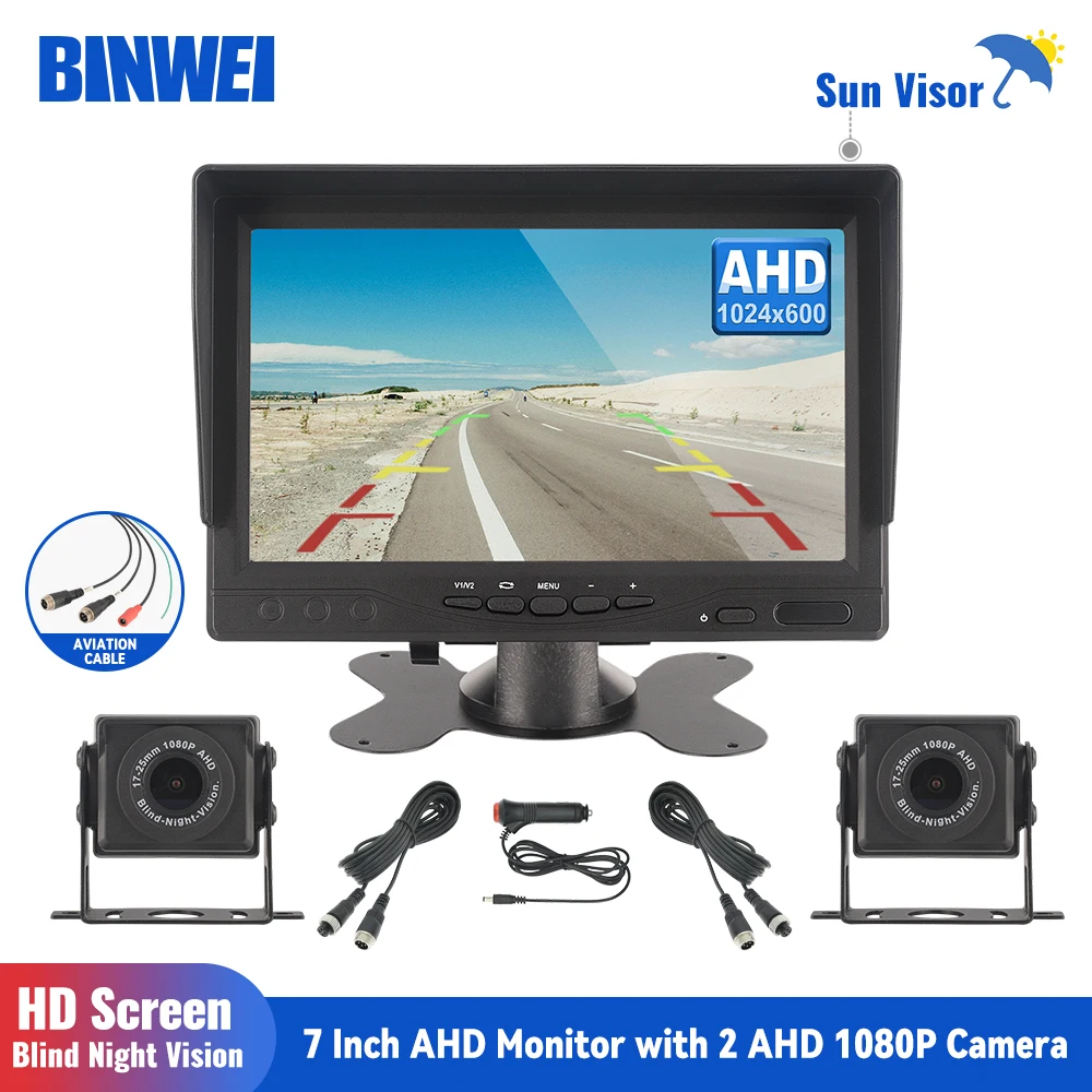 BINWEI AHD 7 inch Car Monitor with Rear View Camera for Truck Parking 12-24V HD Screen 2CH Video for Night Vision 1080p Camera