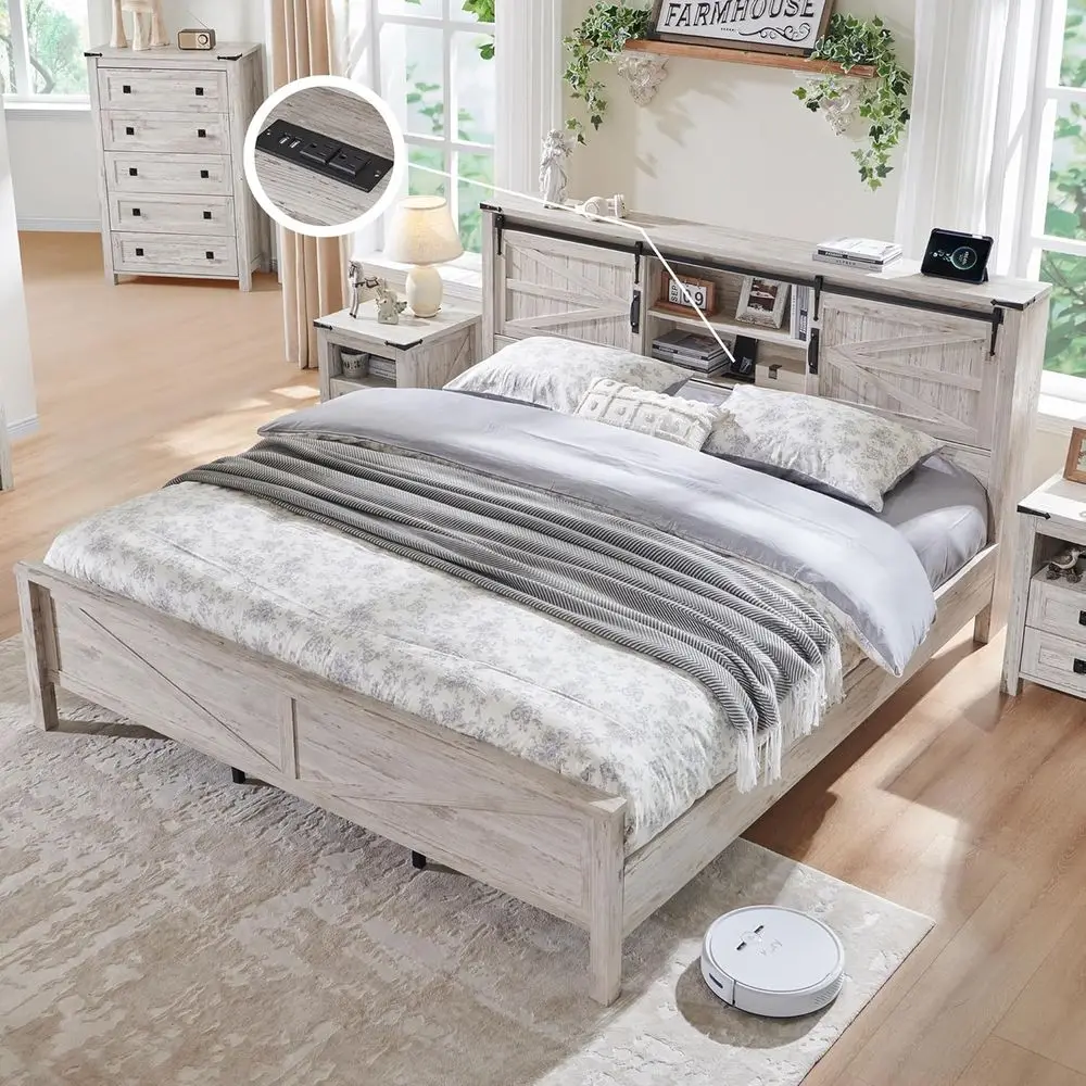 Queen Size Rustic Platform Bed with Storage, Bookcase, Sliding Barn Door, and Charging Station, Antique Brushed White