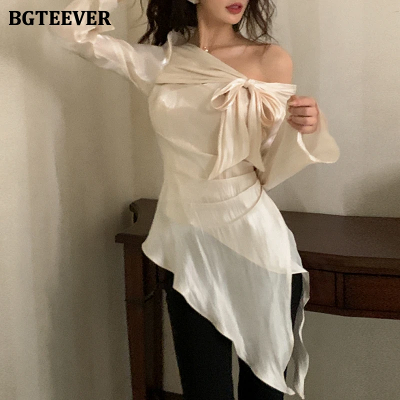 BGTEEVER Stylish Irregular Women Pullovers Blouses Tops Autumn Fashion Long Sleeve Slim Waist Female Off-the-shoulder Shirts