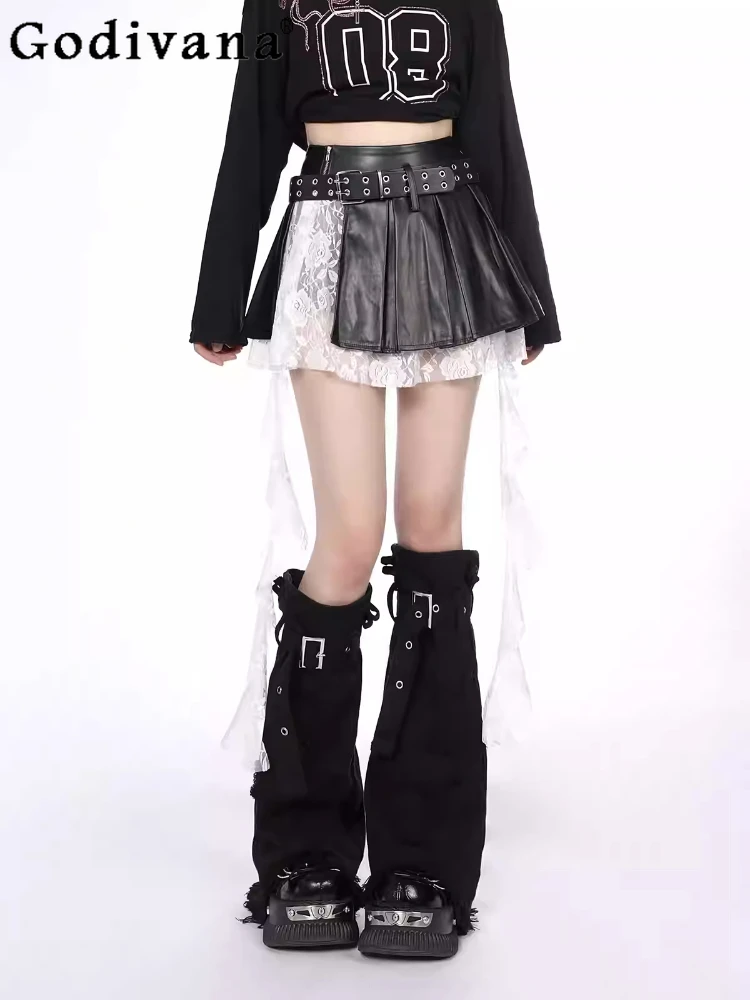 

Autumn Winter New American Sweet Lace Leather Skirt Sexy Girl High Waist A-line Irregular College Age-reducing Pleated Skirts