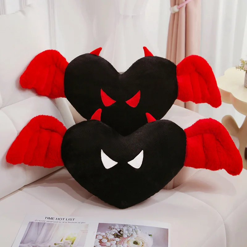 

Cute Angel Devil Plush Pillow with Wings Heart Shaped Stuffed Animal Halloween Decor Toy Car Sofa Cushion Headrest Doll Gifts