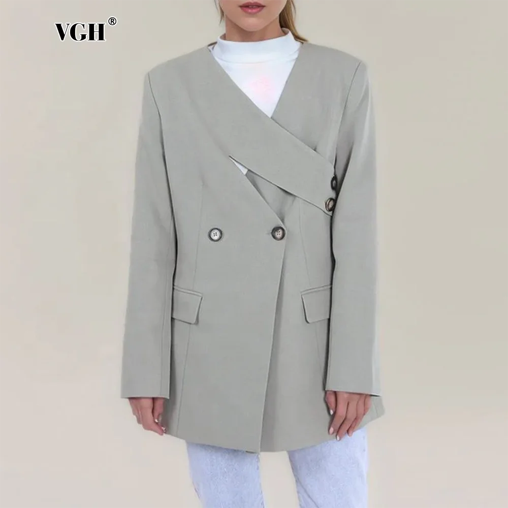 

VGH Solid Hollow Casual Blazers For Women V Neck Long Sleeve Patchwork Pockets Minimalist Slimming Blazer Female Fashion Style