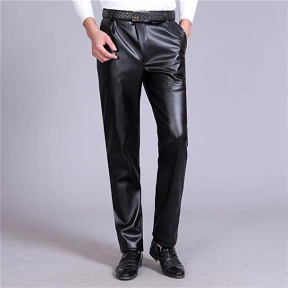 Men Autumn Hot Sale Velvet Black Thick Pu Pants Male Winter Waterproof Straight Pu Trousers Man Windproof Warm