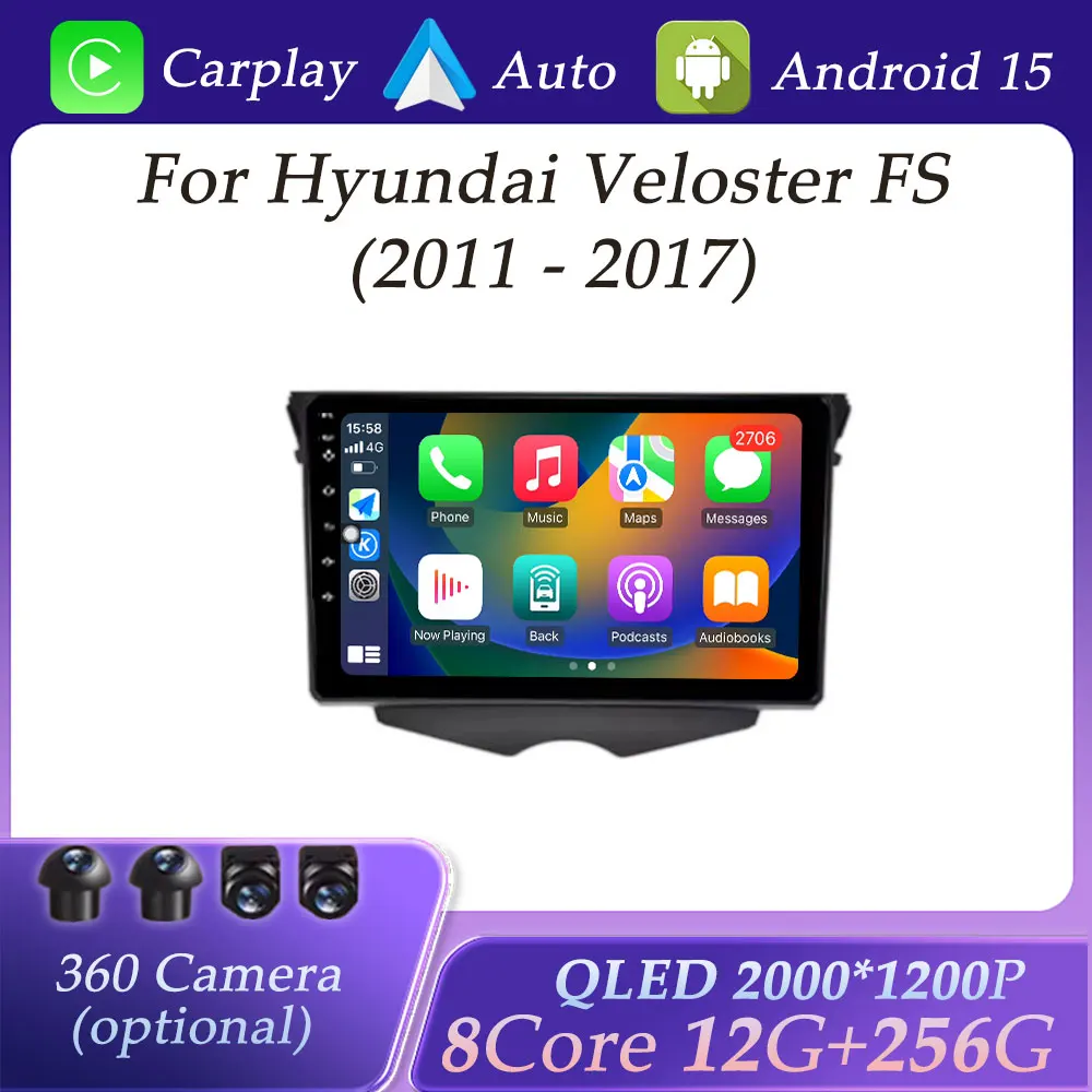 

Экран QLED для Hyundai Veloster FS 2011-2017 Беспроводной CarPlay Автомобильный радиоприемник Видео Аудио Мультимедийный плеер GPS-навигация BT WIFI