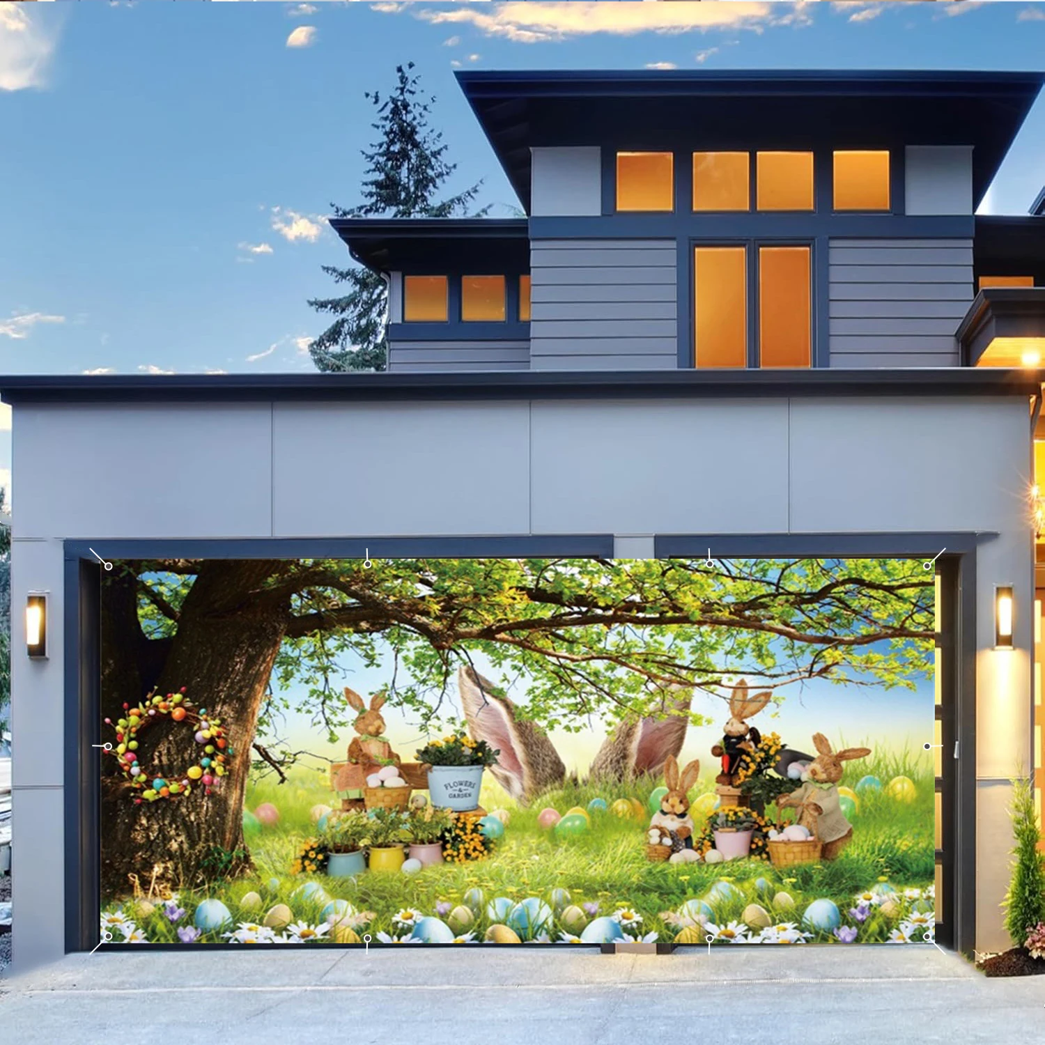 عيد الفصح باب المرآب الديكور سعيد عيد الفصح غطاء باب المرآب كبير أرنب عيد الفصح البيض الربيع زهرة في الهواء الطلق ديكور الحفلات الخلفية