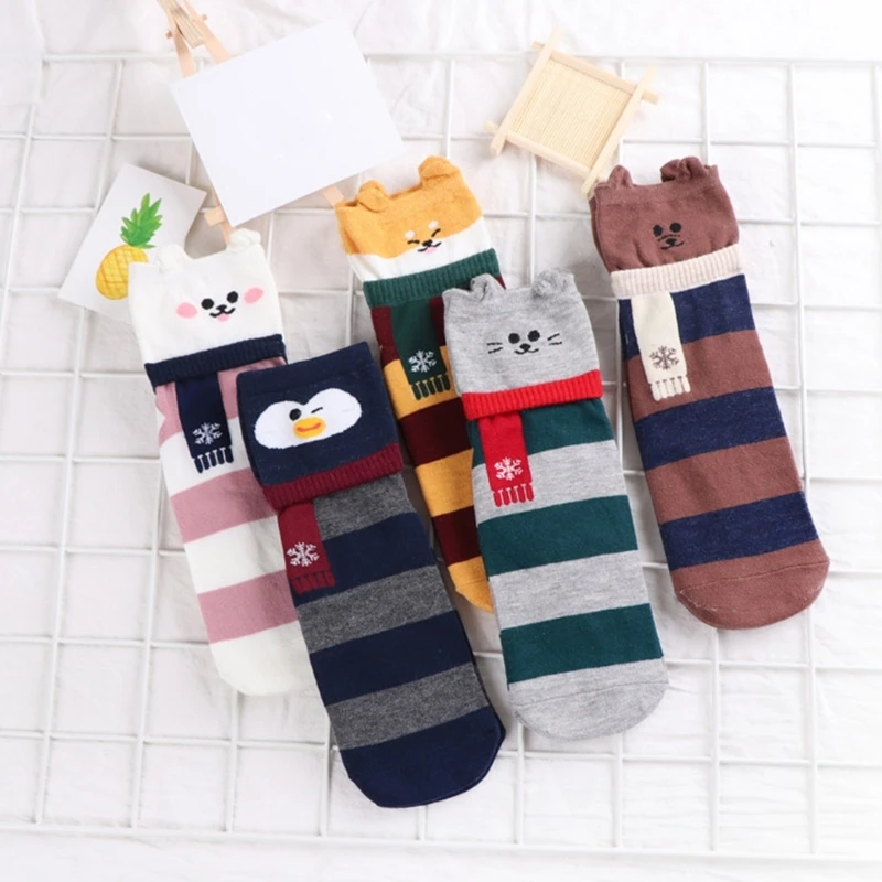 

5 Pairs Women 3D Ears Cartoon Animal Striped Ankle Socks Dog Rabbit Bear Penguin Scarf Print Autumn Hosiery Gifts