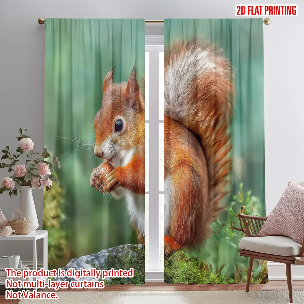 

2D flat printing 2pcs Curtain Squirrel Eating Nut Digital Printed Polyester Drapes Family Party Use for Holiday Parties Home