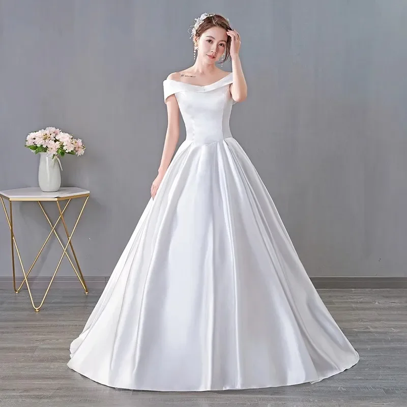 Cheap Wedding Dresses White Satin Simple Off the Shoulder Pleat Lace up Princess Floor-length Plus size Bride Ball Gowns XN057