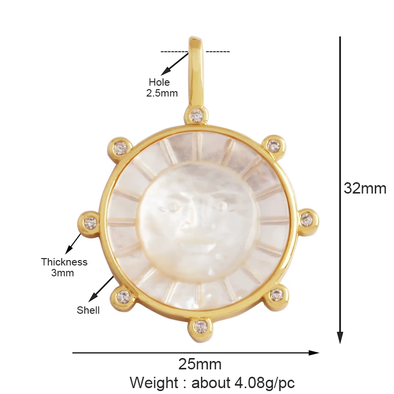 Kompass, glänzender Sonne, Mond, Stern, Muschel-Charm-Anhänger, 18 Karat vergoldetes Gold, eingelegter Zirkonia, Schmuck, Halskette, Armband, Zubehör S45 – Detail 11