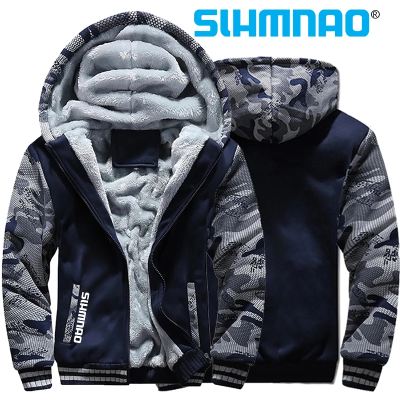 Fishing Jacket Men's Winter Warm Zipper Jacket Men's Thick Wool Jacket Camouflage Zipper Hoodie Solid Color Outdoor Hoodie