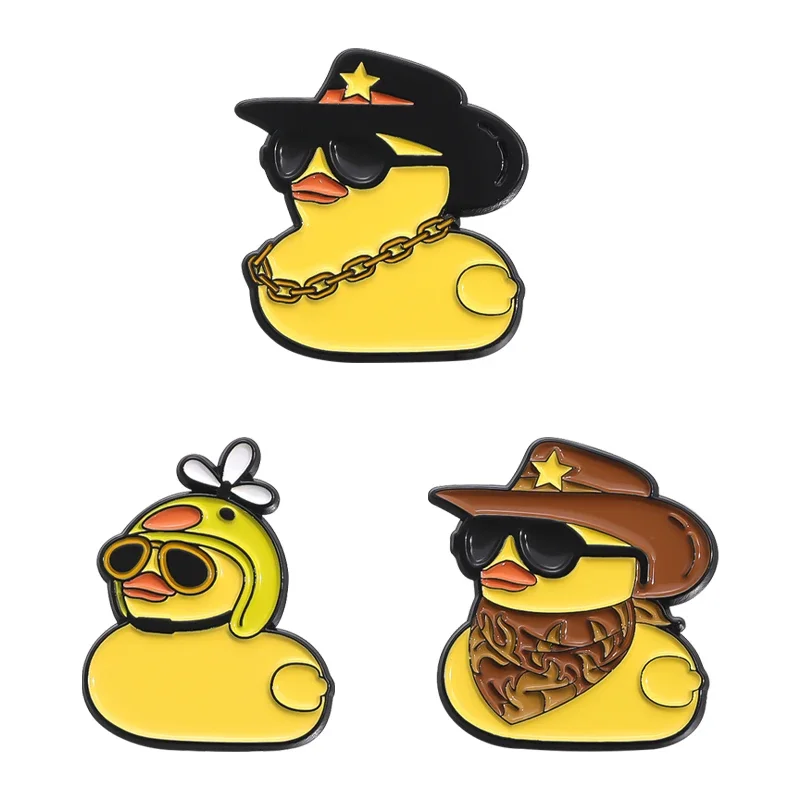 Cool Cowboy Hat Duck Brooch Enamel Pins Cartoon Duck With Sunglasses And Necklace Brooch Backpack Lapel Badge Funny Jewelry Gift