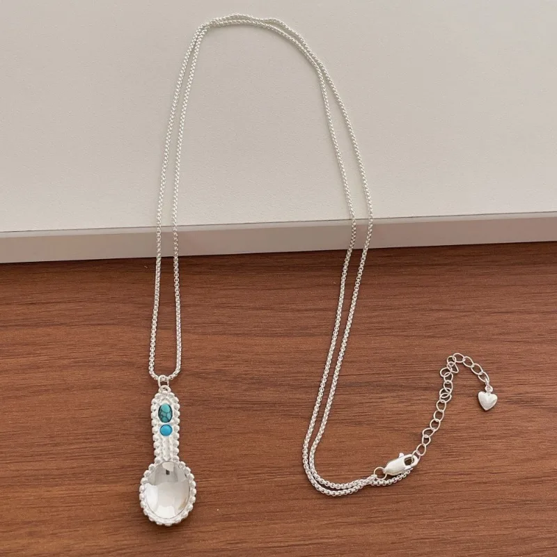 Minar Ethnic Natural Stone Kallaite Water Drop Flower Spoon Beads Pendant Necklaces for Women Silver Plated Box Chain Choker
