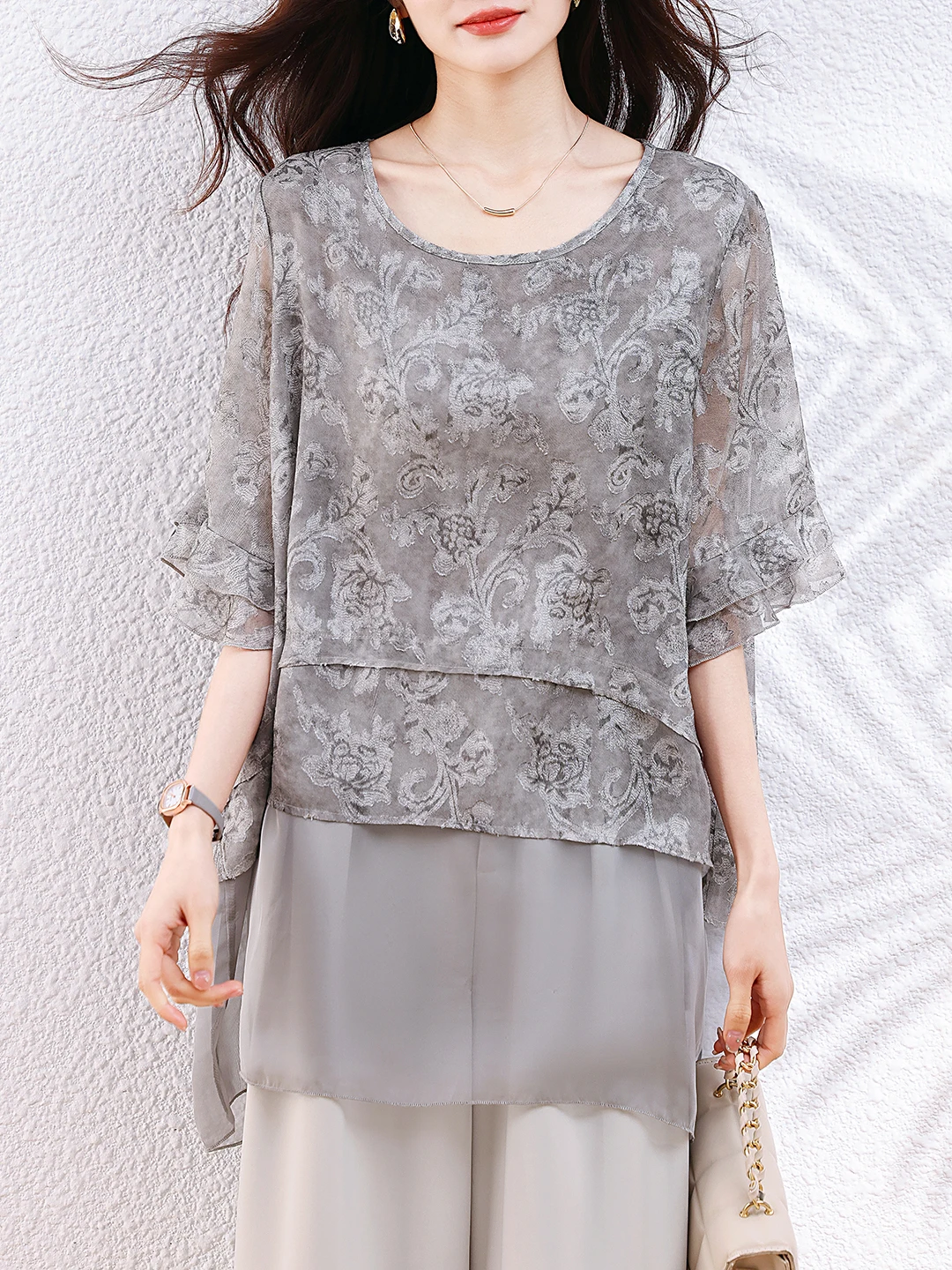 

Loose Batwing Sleeve Chiffon Top Grey Floral Print Summer Casual Style Fake Two-Piece round Neck Mid-Length Women's Shirt