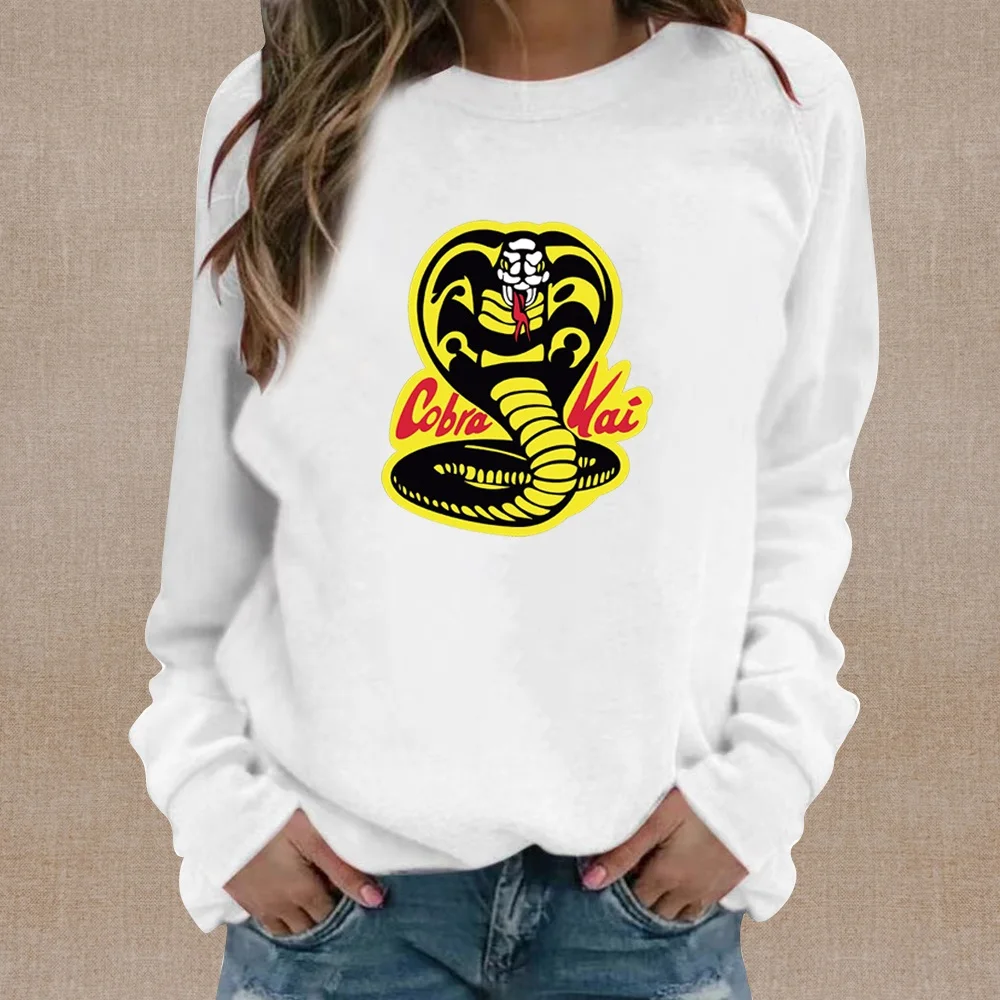 Women's Crew-neck Hoodie White Casual Long-sleeved Sweatshirt Cobra Pattern Printed Fashion Pullover Fashion Women's Clothing