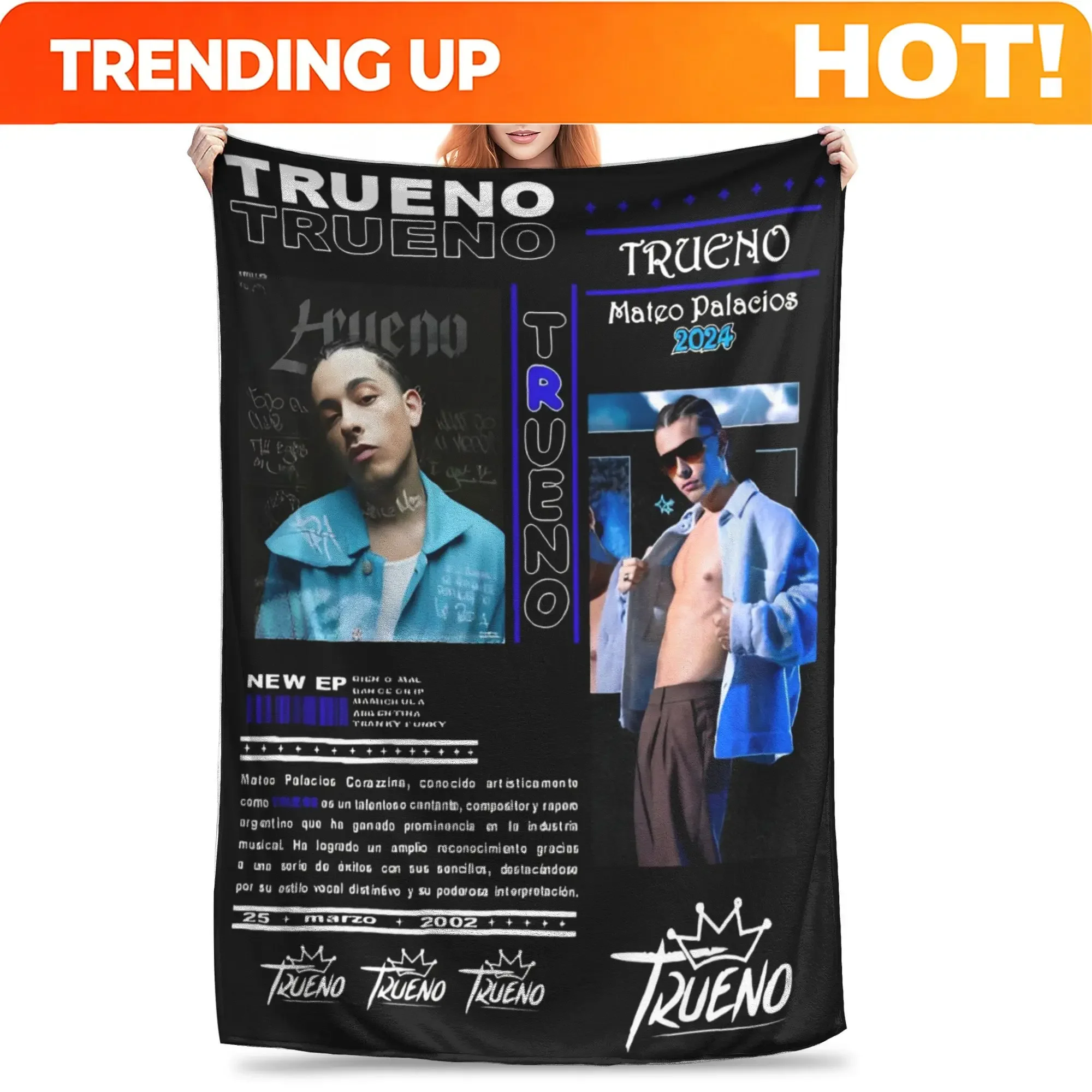 Custom Funny Trueno Hip Hop Rapper Blankets Lightweight Thin Fleece Cozy Throw Blankets Machine Washable